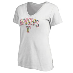 White Texas Rangers Women's Floral Arched Logo V-Neck T-Shirt
