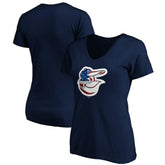 Navy Baltimore Orioles Logo Women's Banner Wave V-Neck T-Shirt