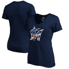 Navy Miami Marlins Logo Women's Banner Wave V-Neck T-Shirt