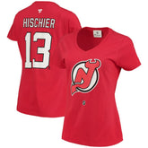 NHL Nico Hischier New Jersey Devils Fanatics Women's Name & Number Logo V-Neck T-Shirt
