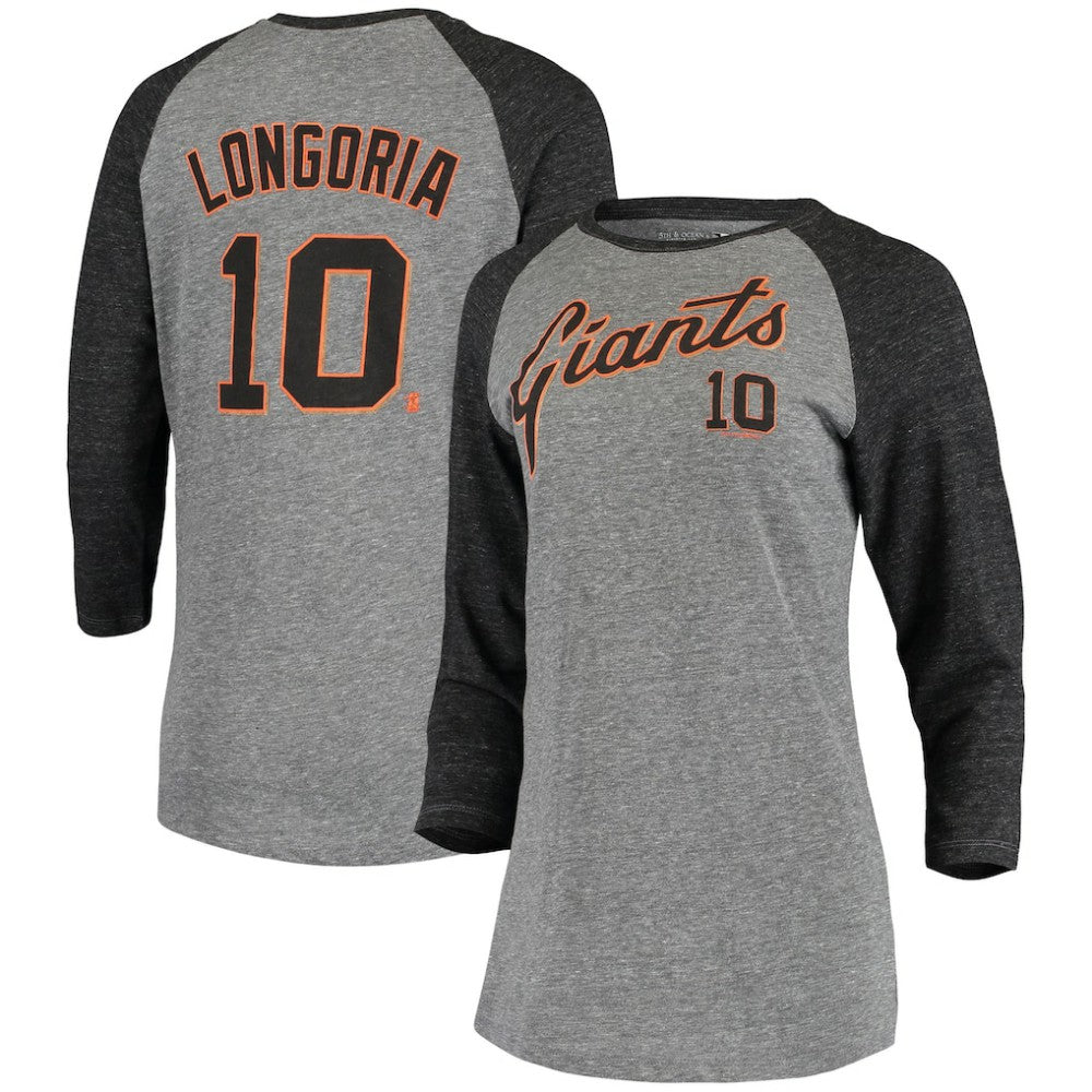 Gray Evan Longoria San Francisco Giants 5th & Ocean by New Era Women's Script Name & Number Raglan Tri-Blend 3/4-Sleeve T-Shirt