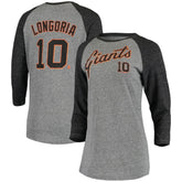 Gray Evan Longoria San Francisco Giants 5th & Ocean by New Era Women's Script Name & Number Raglan Tri-Blend 3/4-Sleeve T-Shirt