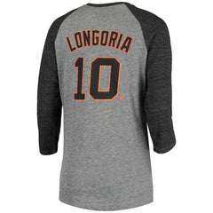 Gray Evan Longoria San Francisco Giants 5th & Ocean by New Era Women's Script Name & Number Raglan Tri-Blend 3/4-Sleeve T-Shirt