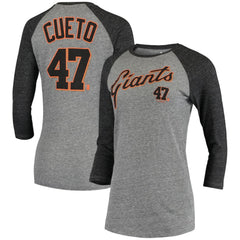 Gray Johnny Cueto San Francisco Giants 5th & Ocean by New Era Women's Script Name & Number Raglan Tri-Blend 3/4-Sleeve T-Shirt