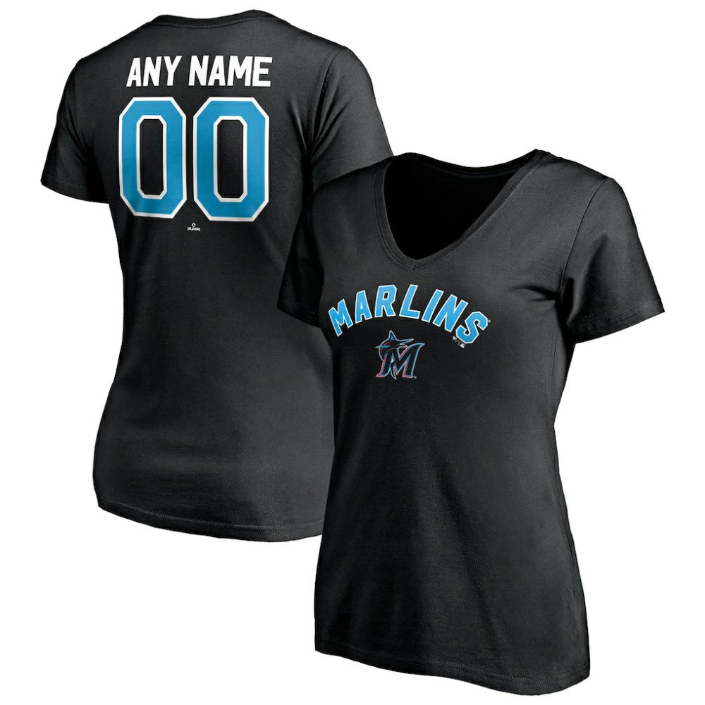 Black Miami Marlins Women's Personalized Winning Streak Name & Number V-Neck T-Shirt