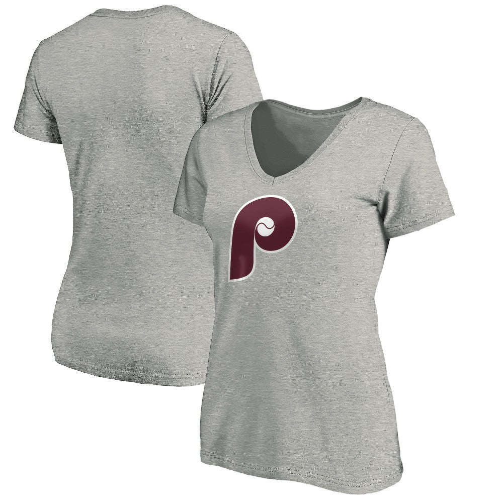 Heathered Gray Philadelphia Phillies Women's Cooperstown Collection Huntington Logo V-Neck T-Shirt