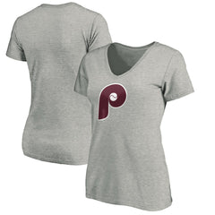 Heathered Gray Philadelphia Phillies Women's Cooperstown Collection Huntington Logo V-Neck T-Shirt