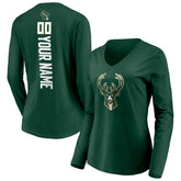 Milwaukee Bucks Women's Playmaker Personalized Name & Number Long Sleeve V-Neck T-Shirt