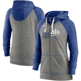 Heather Charcoal/Heather Royal Kansas City Royals Nike Women's Split Wordmark Gym Vintage Raglan Lightweight Full-Zip Hoodie