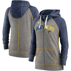 Heather Charcoal/Heather Navy Milwaukee Brewers Nike Women's Split Wordmark Gym Vintage Raglan Lightweight Full-Zip Hoodie