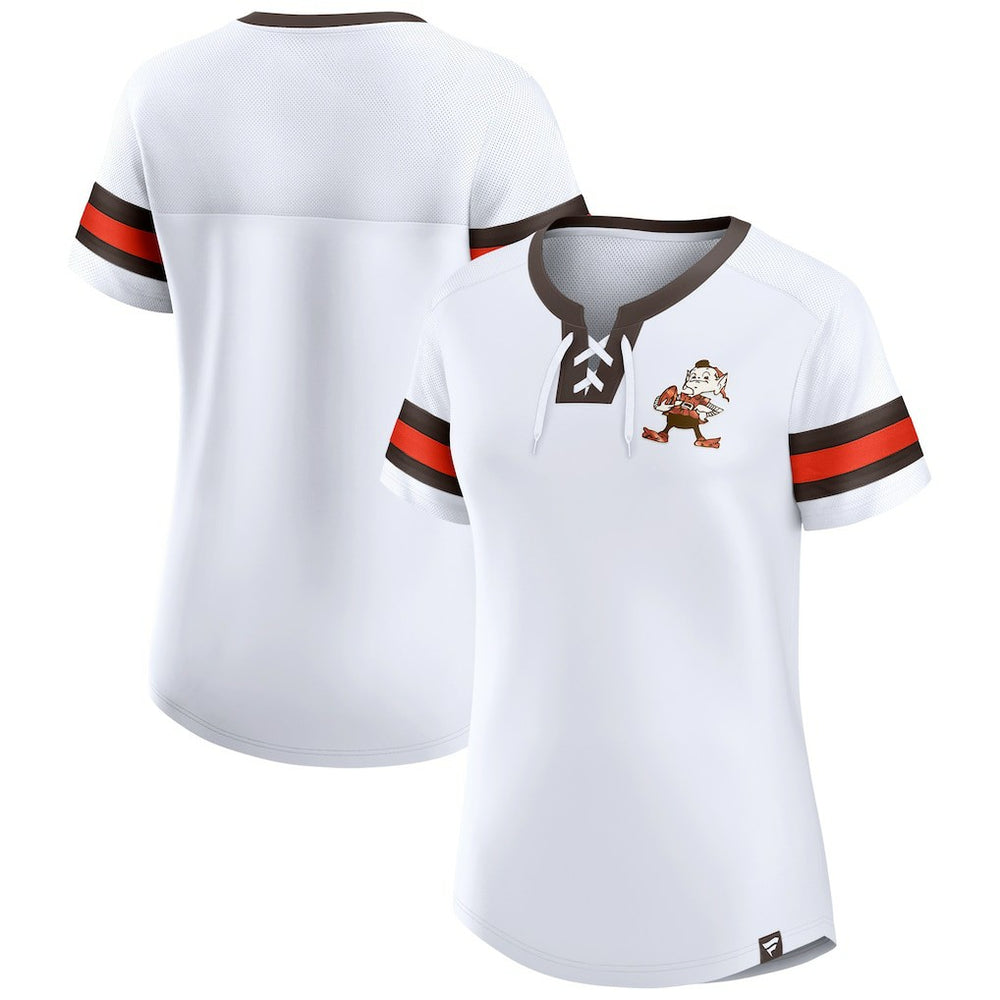 Women's Brownie The Elf Gridiron Classics Sunday Best Lace-Up T-Shirt - Cleveland Browns T-shirts
