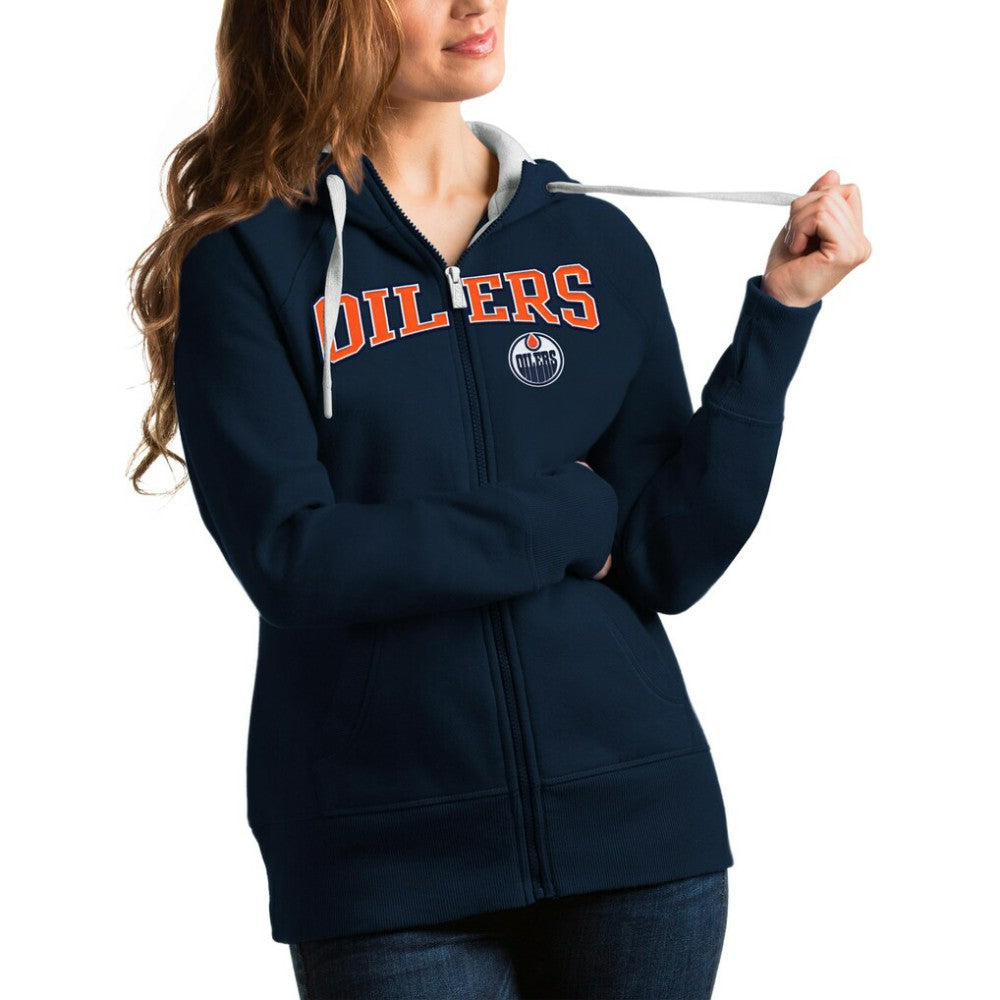 NHL Edmonton Oilers Antigua Women's Wordmark Victory Full-Zip Hoodie