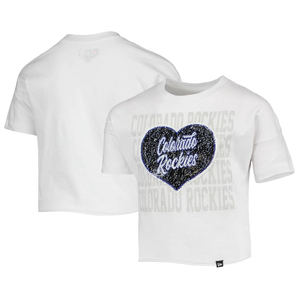 White Colorado Rockies New Era Girls Youth Flip Sequin Heart Crop Top