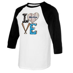 White/Black Miami Marlins Tiny Turnip Women's Baseball Love Raglan 3/4-Sleeve T-Shirt