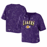 Los Angeles Lakers WEAR by Erin Andrews Women's Bleach Splatter Notch Neck T-Shirt