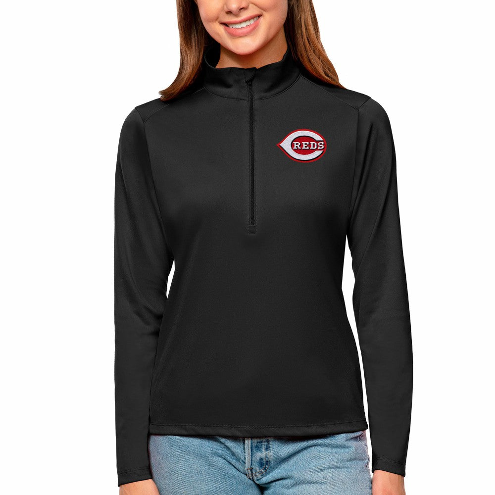 Black Cincinnati Reds Antigua Women's Tribute Quarter-Zip Pullover Top