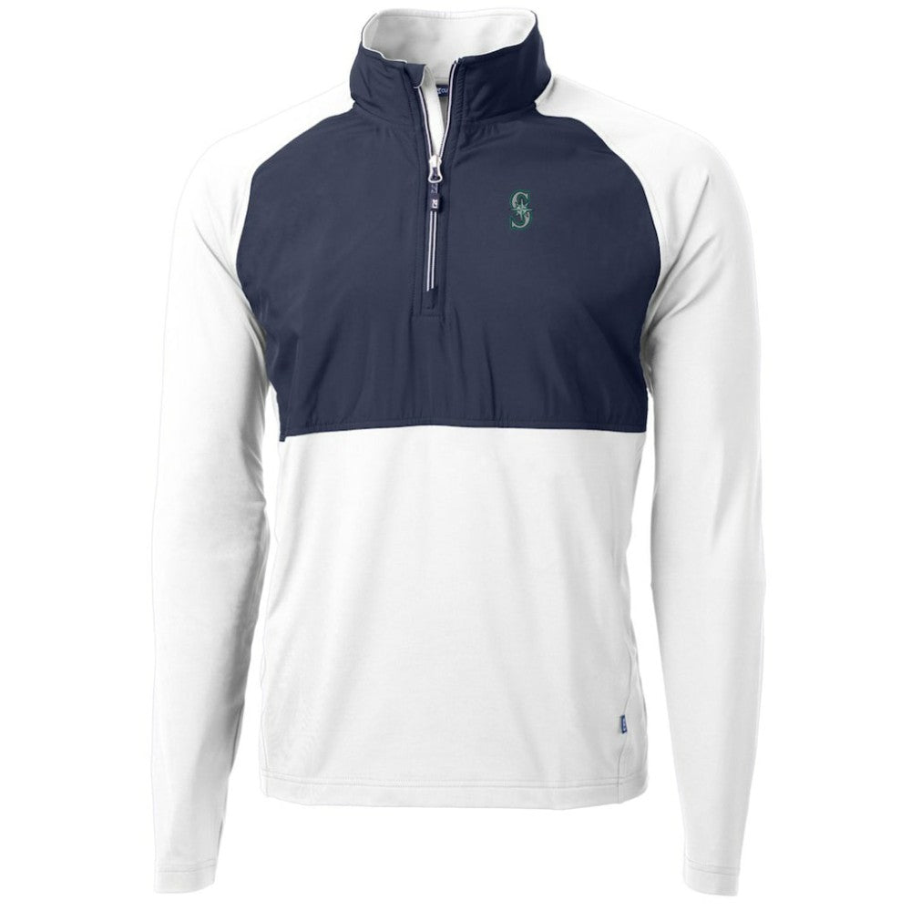 White/Navy Seattle Mariners Cutter & Buck Adapt Eco Knit Hybrid Recycled Quarter-Zip Pullover Jacket