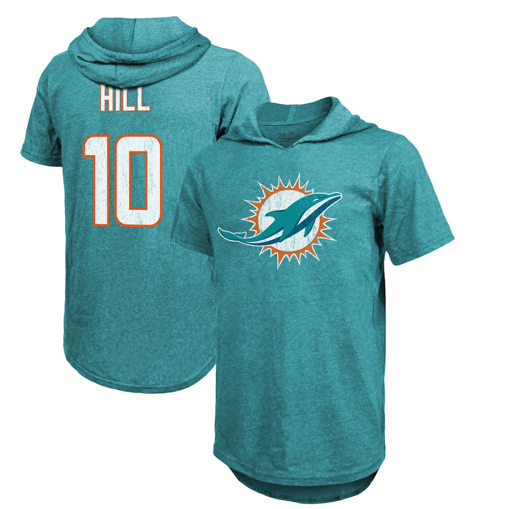 Tyreek Hill Majestic Threads Player Name & Number Short Sleeve Hoodie T-Shirt - Miami Dolphins Hoodies