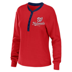 Red Washington Nationals WEAR by Erin Andrews Women's Waffle Henley Long Sleeve T-Shirt