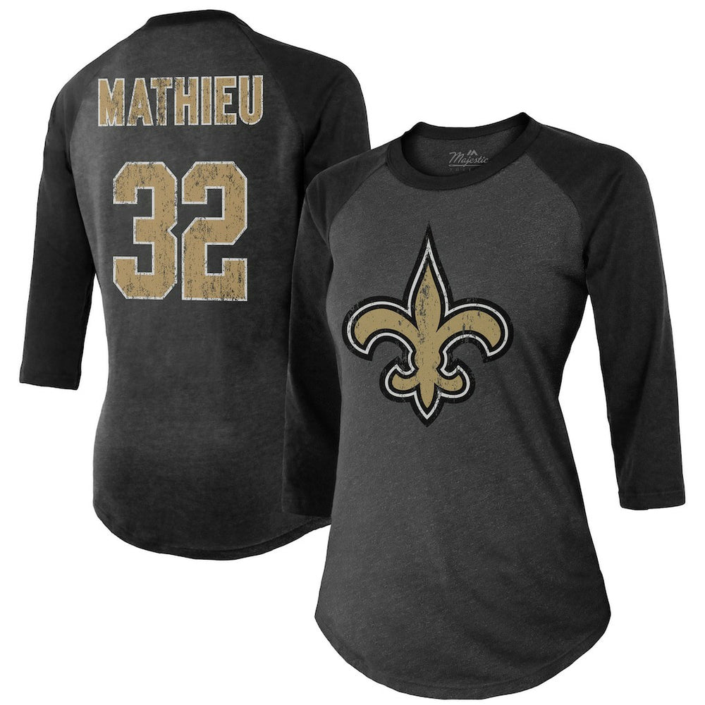 Tyrann Mathieu Majestic Threads Women's Name & Number Raglan 3/4 Sleeve T-Shirt - New Orleans Saints T-shirts