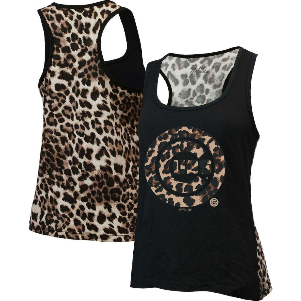 Black Chicago Cubs Majestic Threads Women's Leopard Tank Top