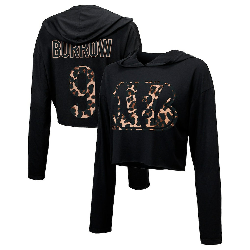 Joe Burrow Majestic Threads Women's Leopard Player Name & Number Long Sleeve Cropped Hoodie - Cincinnati Bengals Hoodies