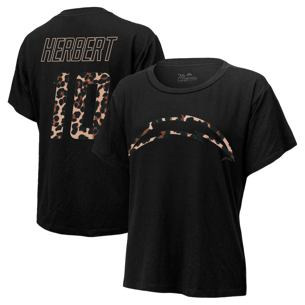 Justin Herbert Majestic Threads Women's Leopard Player Name & Number T-Shirt - Los Angeles Chargers T-shirts