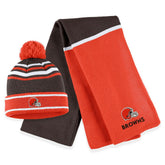 WEAR by Erin Andrews Women's Colorblock Cuffed Knit Hat with Pom and Scarf Set - Cleveland Browns Hats
