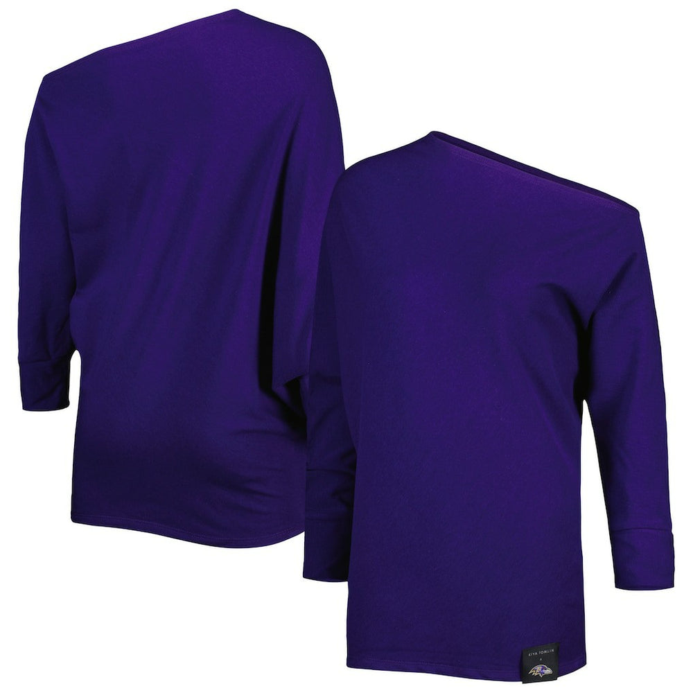 KIYA TOMLIN Women's Twisted Tri-Blend Asymmetrical 3/4-Dolman Sleeve Sweatshirt - Baltimore Ravens Sweatshirts