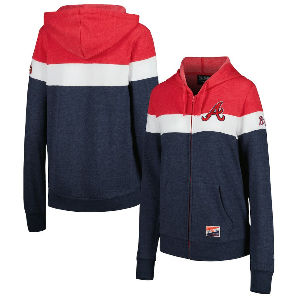 Heather Navy Atlanta Braves New Era Women's Colorblock Full-Zip Hoodie Jacket