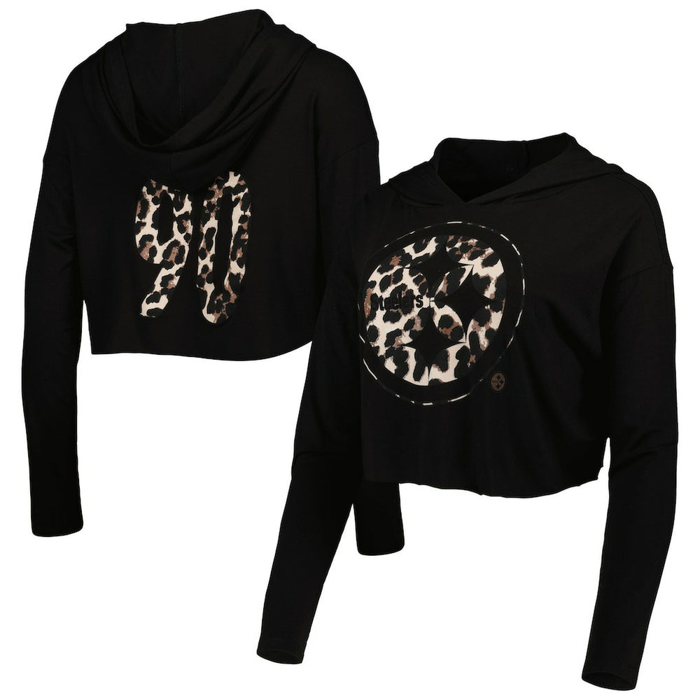 T.J. Watt Majestic Threads Women's Leopard Player Name & Number Long Sleeve Cropped Hoodie - Pittsburgh Steelers Hoodies