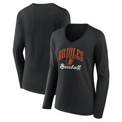 Black Baltimore Orioles Women's Victory Script Long Sleeve V-Neck T-Shirt