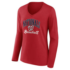 Red Washington Nationals Women's Victory Script Long Sleeve V-Neck T-Shirt