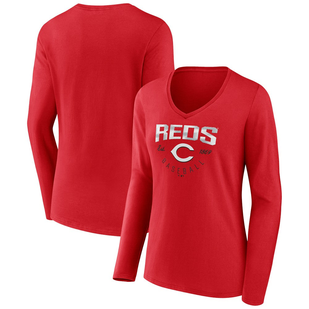 Red Cincinnati Reds Women's Live For It Long Sleeve Long Sleeve V-Neck T-Shirt