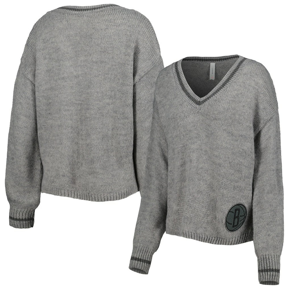 Brooklyn Nets Lusso Women's Scarletts Lantern Sleeve Tri-Blend V-Neck Pullover Sweater