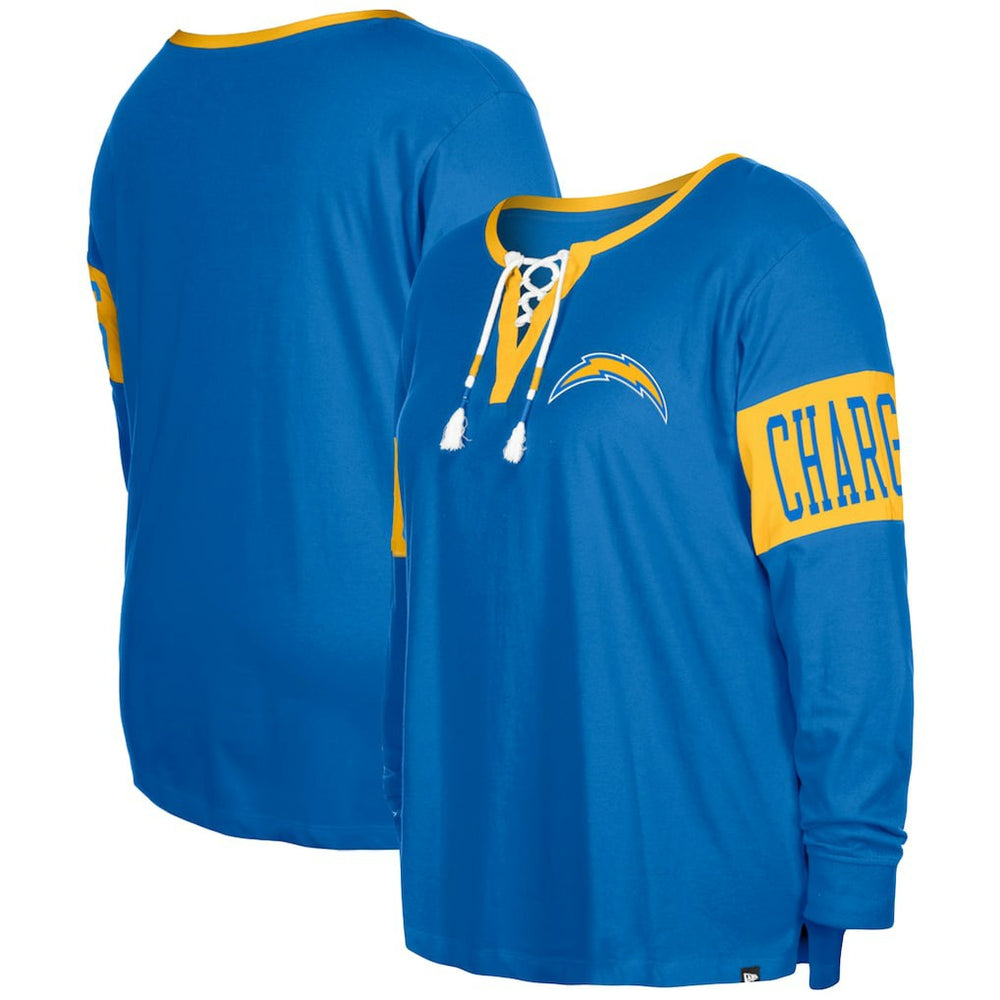 Women's Plus Size Lace-Up Notch Neck Long Sleeve T-Shirt - Los Angeles Chargers T-shirts