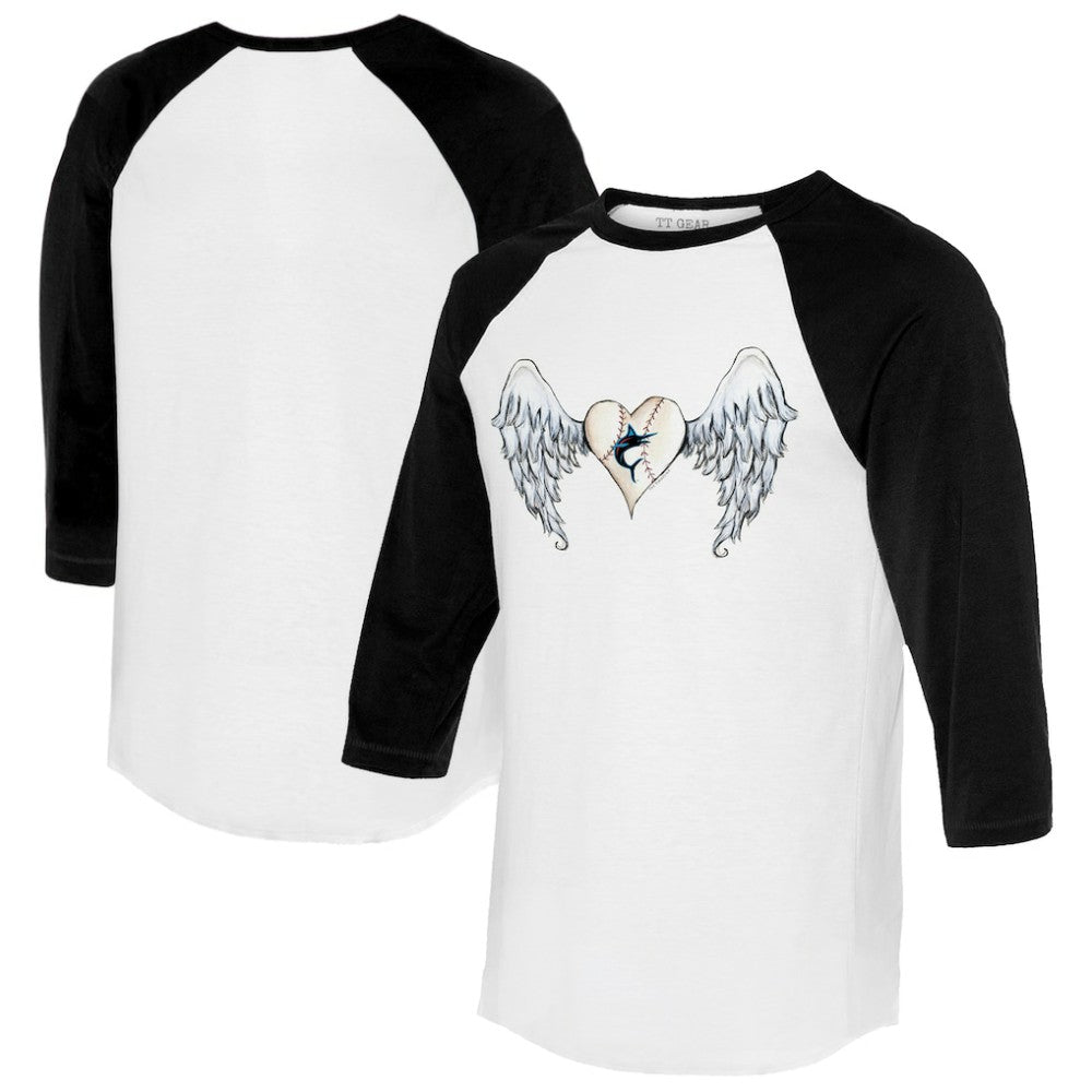 White/Black Miami Marlins Tiny Turnip Women's Angel Wings 3/4-Sleeve Raglan T-Shirt