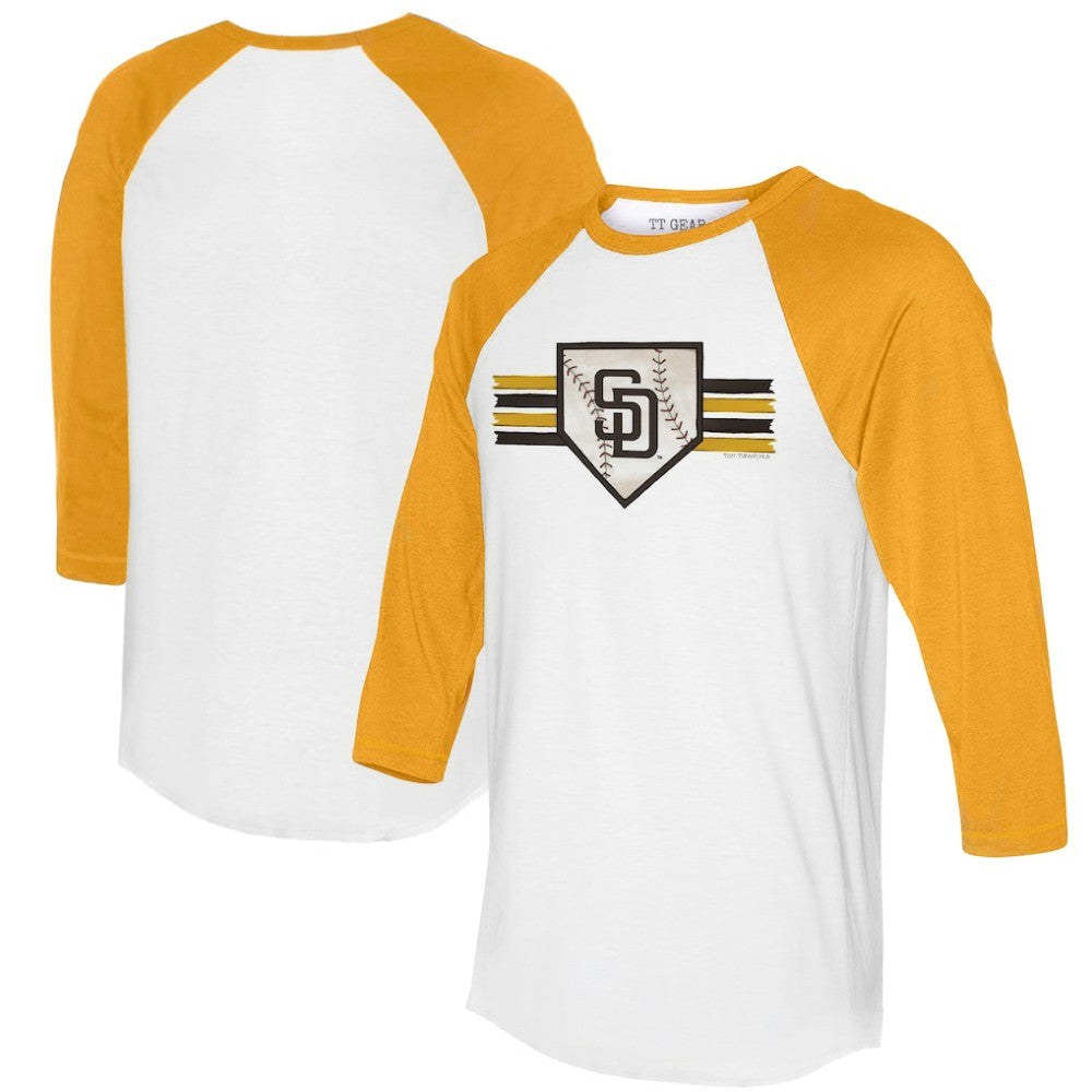 White/Gold San Diego Padres Tiny Turnip Women's Base Stripe 3/4-Sleeve Raglan T-Shirt