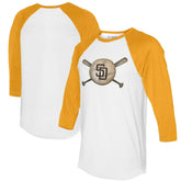 White/Gold San Diego Padres Tiny Turnip Women's Baseball Cross Bats 3/4-Sleeve Raglan T-Shirt
