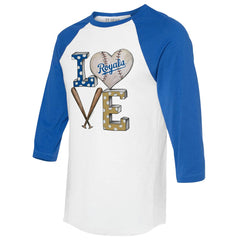 White/Royal Kansas City Royals Tiny Turnip Women's Baseball Love Raglan 3/4-Sleeve T-Shirt