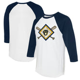 White/Navy Milwaukee Brewers Tiny Turnip Women's Diamond Cross Bats 3/4-Sleeve Raglan T-Shirt