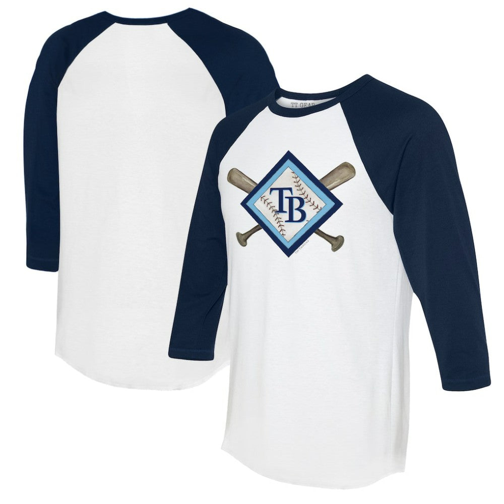 White/Navy Tampa Bay Rays Tiny Turnip Women's Diamond Cross Bats 3/4-Sleeve Raglan T-Shirt