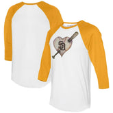 White/Gold San Diego Padres Tiny Turnip Women's Heart Bat 3/4-Sleeve Raglan T-Shirt