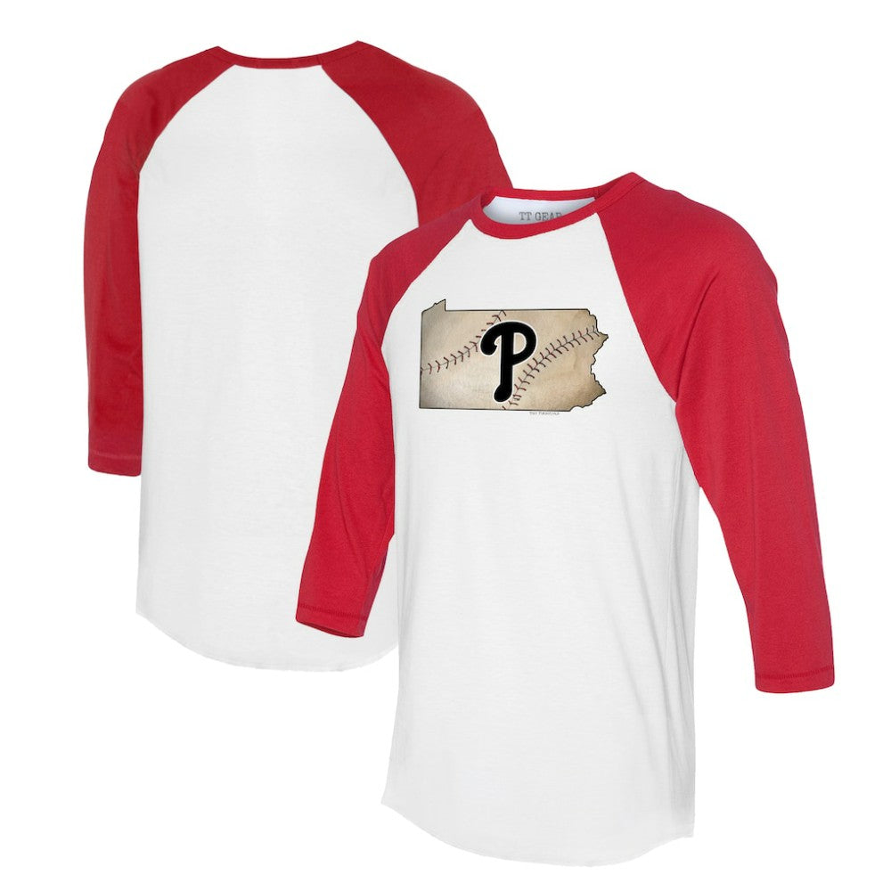 White/Red Philadelphia Phillies Tiny Turnip Unisex State Outline 3/4-Sleeve Raglan T-Shirt