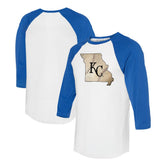 White/Royal Kansas City Royals Tiny Turnip Unisex State Outline 3/4-Sleeve Raglan T-Shirt