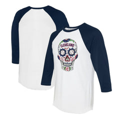 White/Navy Cleveland Guardians Tiny Turnip Unisex Sugar Skull 3/4-Sleeve Raglan T-Shirt