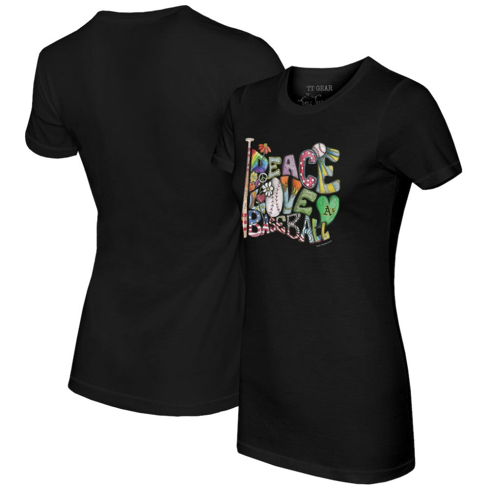 Black Athletics Tiny Turnip Women's Peace Love Baseball Fitted T-Shirt