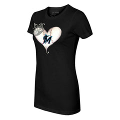 Black Miami Marlins Tiny Turnip Women's Tiara Heart T-Shirt