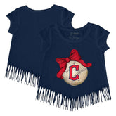 Navy Cleveland Guardians Tiny Turnip Girls Youth Baseball Bow Fringe T-Shirt