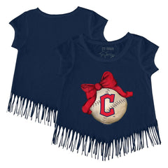 Navy Cleveland Guardians Tiny Turnip Girls Youth Baseball Bow Fringe T-Shirt